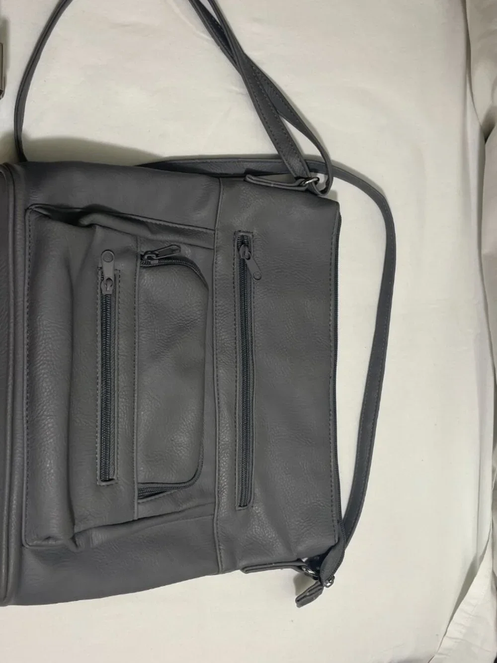 Gray Faux Leather Crossbody Shoulder Bag Multi Pocket Organizer Adjustable Strap